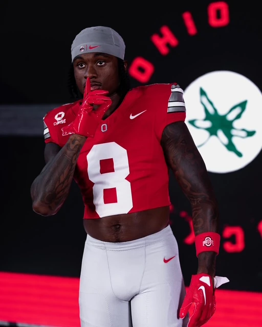 Jaylen McClain in his Ohio State jersey, against a graphic OHIO backdrop with the Buckeye leaf mark.