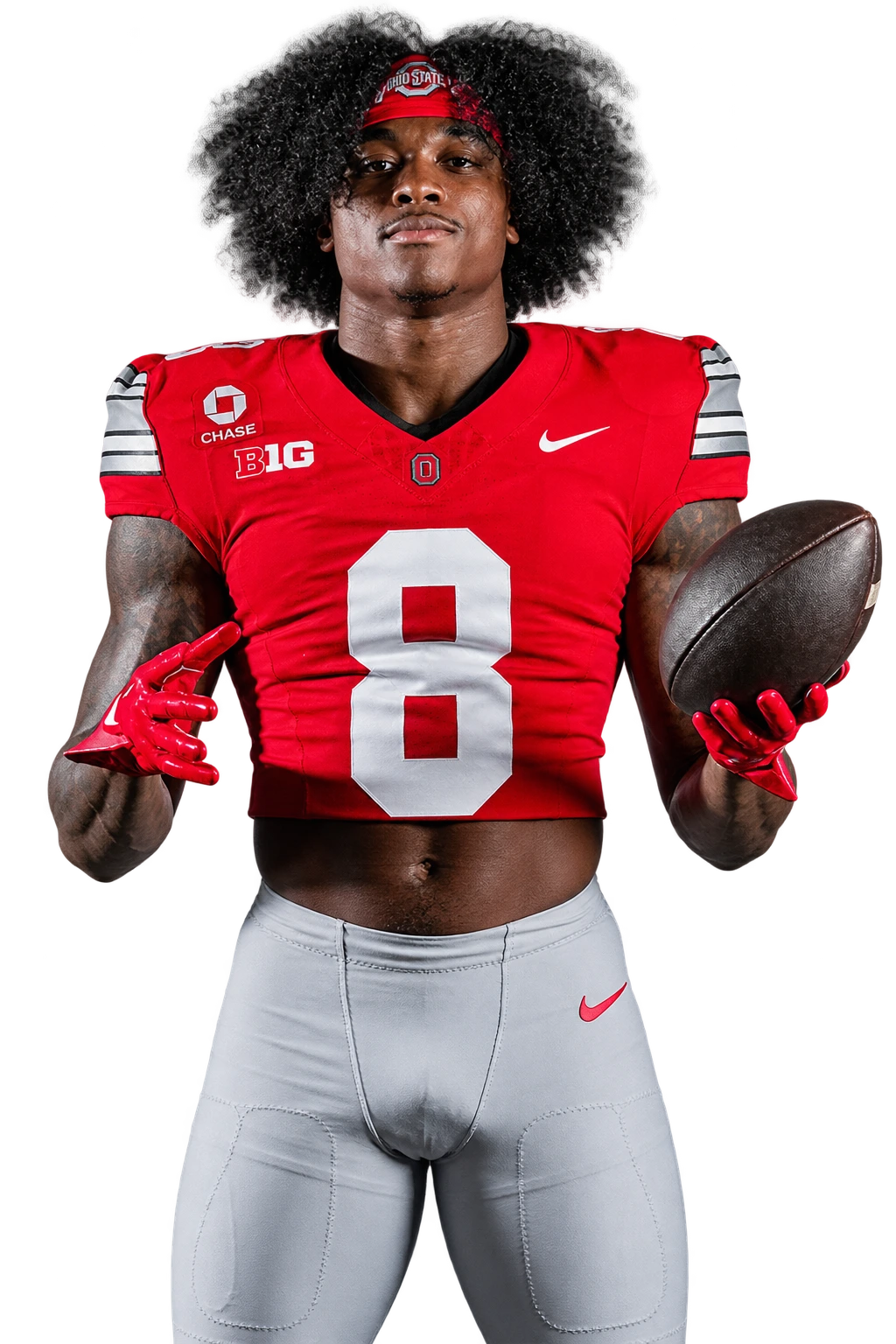 Studio portrait of Jaylen McClain in his Ohio State jersey, holding a football, on a transparent background.